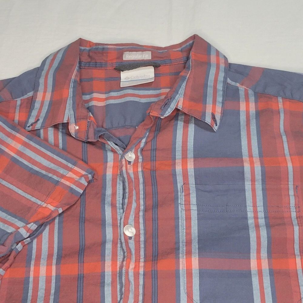 Columbia Button Down Short Sleeve Large Casual Regular Fit Collared Red Plaid